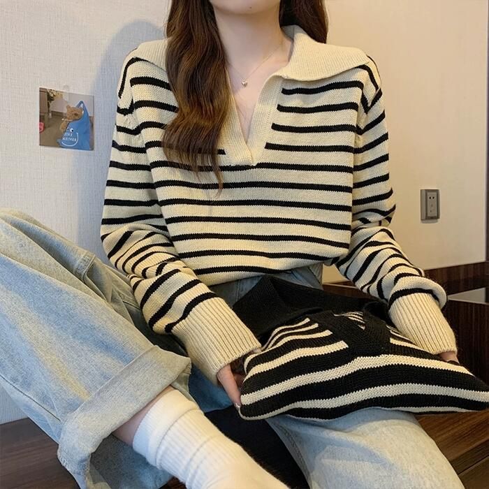トップス ニット ボーダー Vネック カットソー レディース 長袖 ゆったり カジュアル 大人 フェミニン 体 ショート丈 可愛い リラックス きれいめ スキッパー 