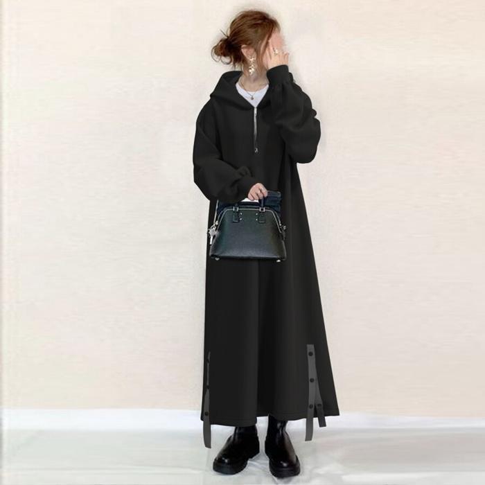 ワンピース レディース 長袖 ロングワンピース ロング丈 フード付き カジュアル ファスナー 無地 体型カバー ゆったり 