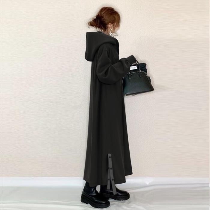 ワンピース レディース 長袖 ロングワンピース ロング丈 フード付き カジュアル ファスナー 無地 体型カバー ゆったり 