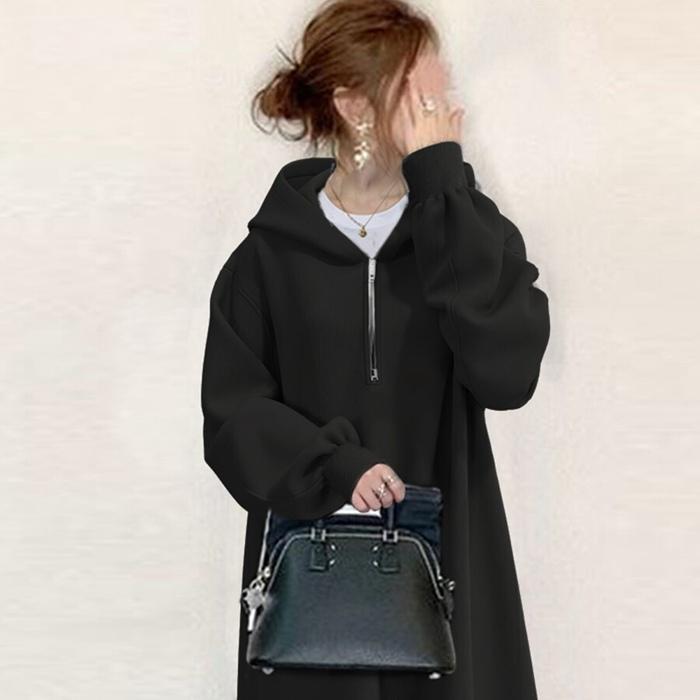 ワンピース レディース 長袖 ロングワンピース ロング丈 フード付き カジュアル ファスナー 無地 体型カバー ゆったり 