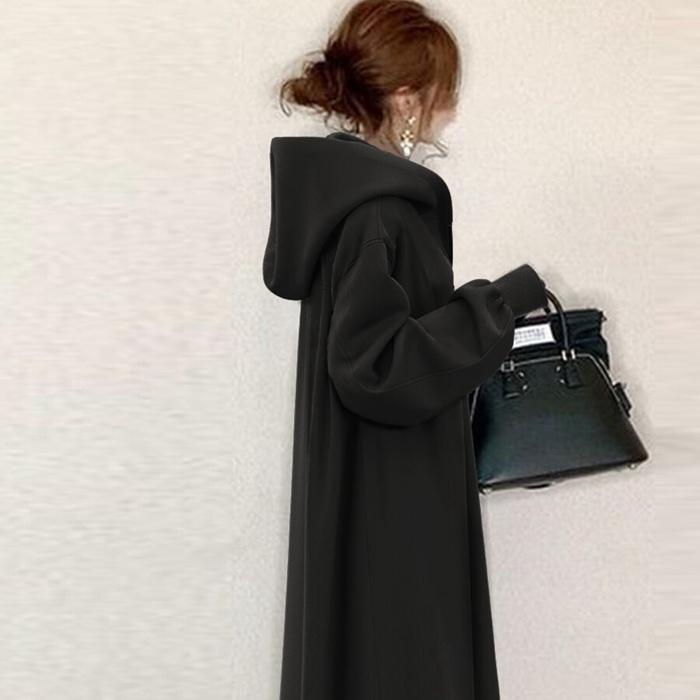 ワンピース レディース 長袖 ロングワンピース ロング丈 フード付き カジュアル ファスナー 無地 体型カバー ゆったり 