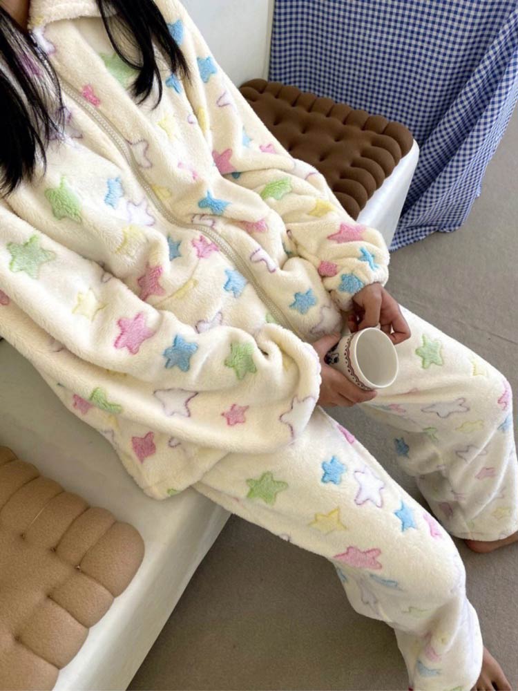 パジャマ レディース 星柄 冬 着る毛布 ルームウェア 部屋着 レディース パジャマ 冬 上下セット 女性 もこもこ 長袖 リラックス 