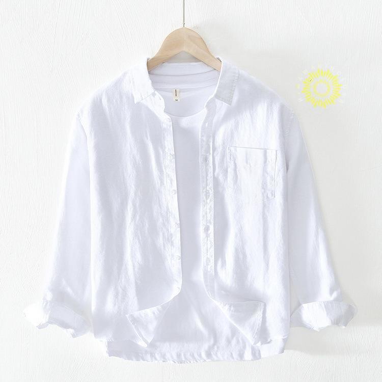 リネンシャツ メンズ 白シャツ 夏 ファッション 綿麻シャツ 長袖 無地 ワイシャツ 涼しい カジュアルシャツ 開襟シャツ 