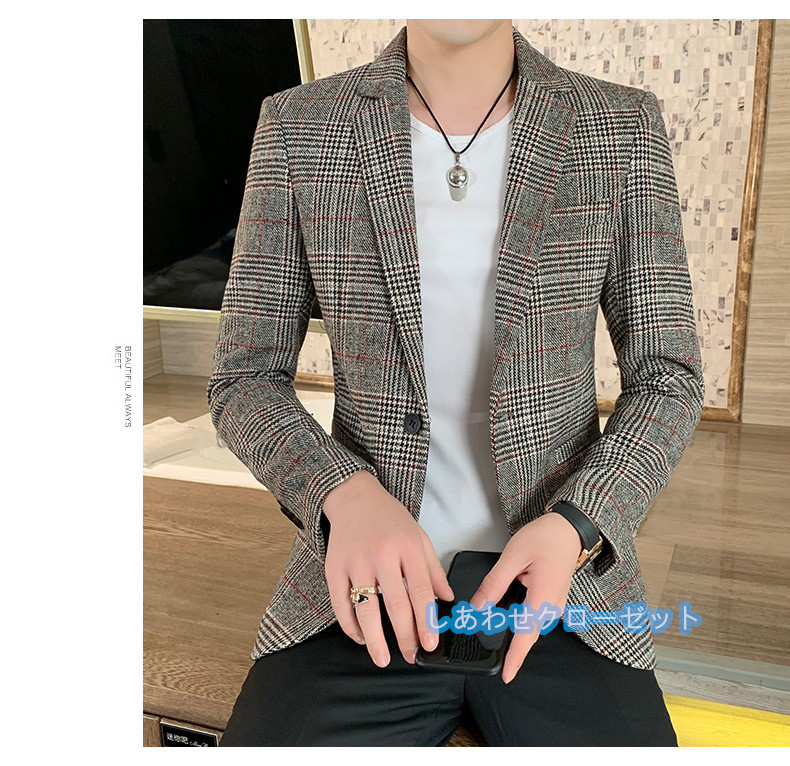 テーラードジャケット メンズ おしゃれ ブレザージャケット カジュアルスーツ チェック柄 春秋冬 紳士用 通勤 ビジネススーツ フォマールスーツ アウター 