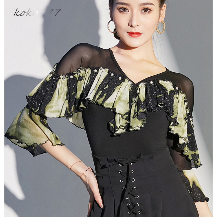 Tシャツ レディース レオタード 上衣 Vネック ラテンダンス 練習着 フリル 学園祭 舞台衣装 部活公演 トップス モダンダンス 発表会 ロンパース 女子服 ウェア 