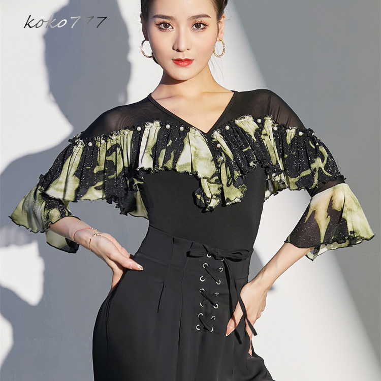 Tシャツ レディース レオタード 上衣 Vネック ラテンダンス 練習着 フリル 学園祭 舞台衣装 部活公演 トップス モダンダンス 発表会 ロンパース 女子服 ウェア 