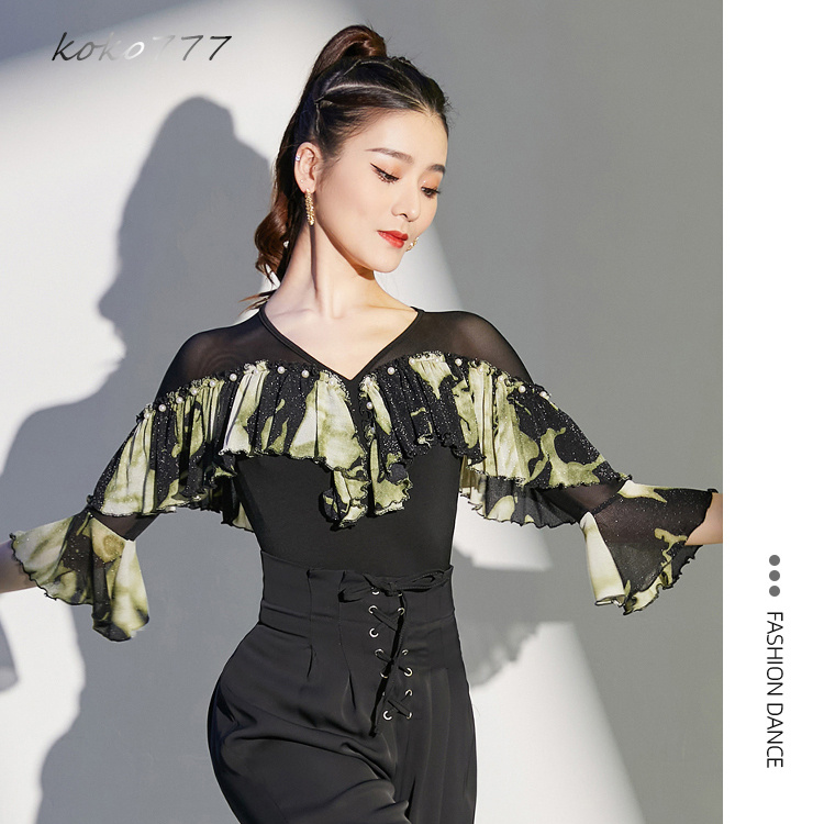 Tシャツ レディース レオタード 上衣 Vネック ラテンダンス 練習着 フリル 学園祭 舞台衣装 部活公演 トップス モダンダンス 発表会 ロンパース 女子服 ウェア 