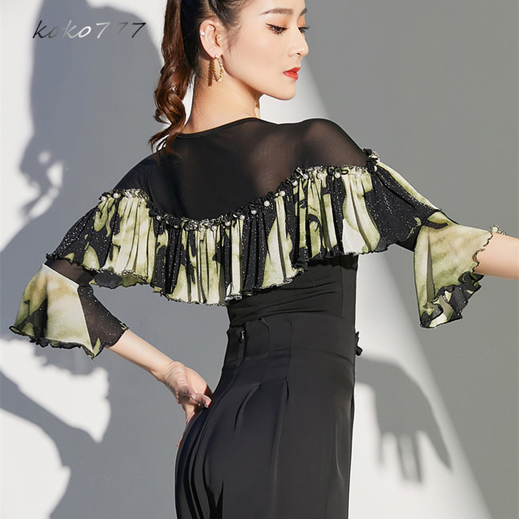 Tシャツ レディース レオタード 上衣 Vネック ラテンダンス 練習着 フリル 学園祭 舞台衣装 部活公演 トップス モダンダンス 発表会 ロンパース 女子服 ウェア 