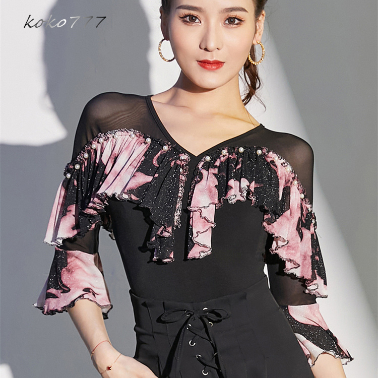 Tシャツ レディース レオタード 上衣 Vネック ラテンダンス 練習着 フリル 学園祭 舞台衣装 部活公演 トップス モダンダンス 発表会 ロンパース 女子服 ウェア 