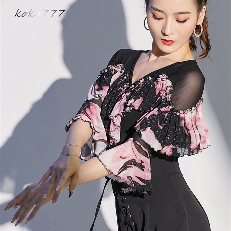 Tシャツ レディース レオタード 上衣 Vネック ラテンダンス 練習着 フリル 学園祭 舞台衣装 部活公演 トップス モダンダンス 発表会 ロンパース 女子服 ウェア 