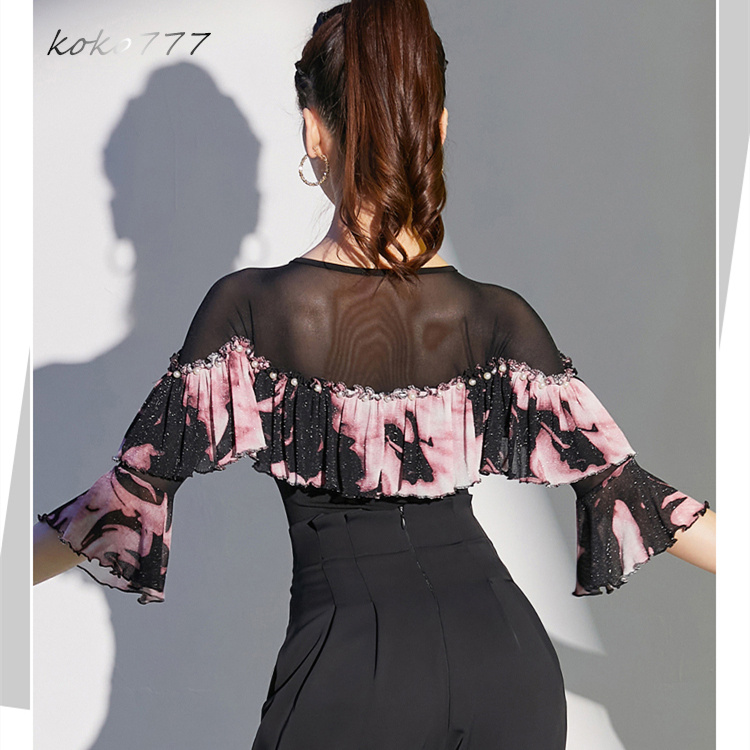 Tシャツ レディース レオタード 上衣 Vネック ラテンダンス 練習着 フリル 学園祭 舞台衣装 部活公演 トップス モダンダンス 発表会 ロンパース 女子服 ウェア 