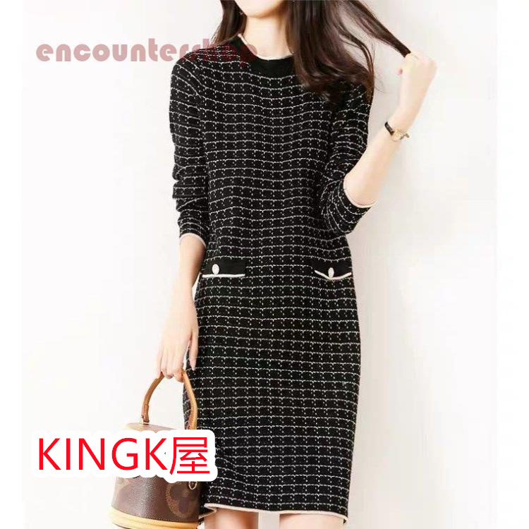ニットワンピース レディース 秋冬 膝丈 ワンピース 厚手 チェック 大人 通勤 着痩せ ワンピース お出かけ 50代 40代 30代 きれいめ 上品 