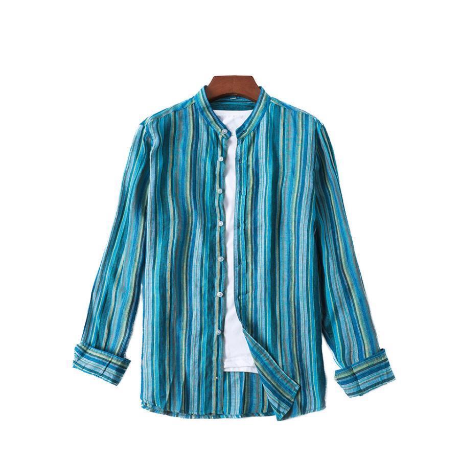 2023 春秋リネンメンズきれいめストライプ長袖シャツ リネンシャツ メンズ  