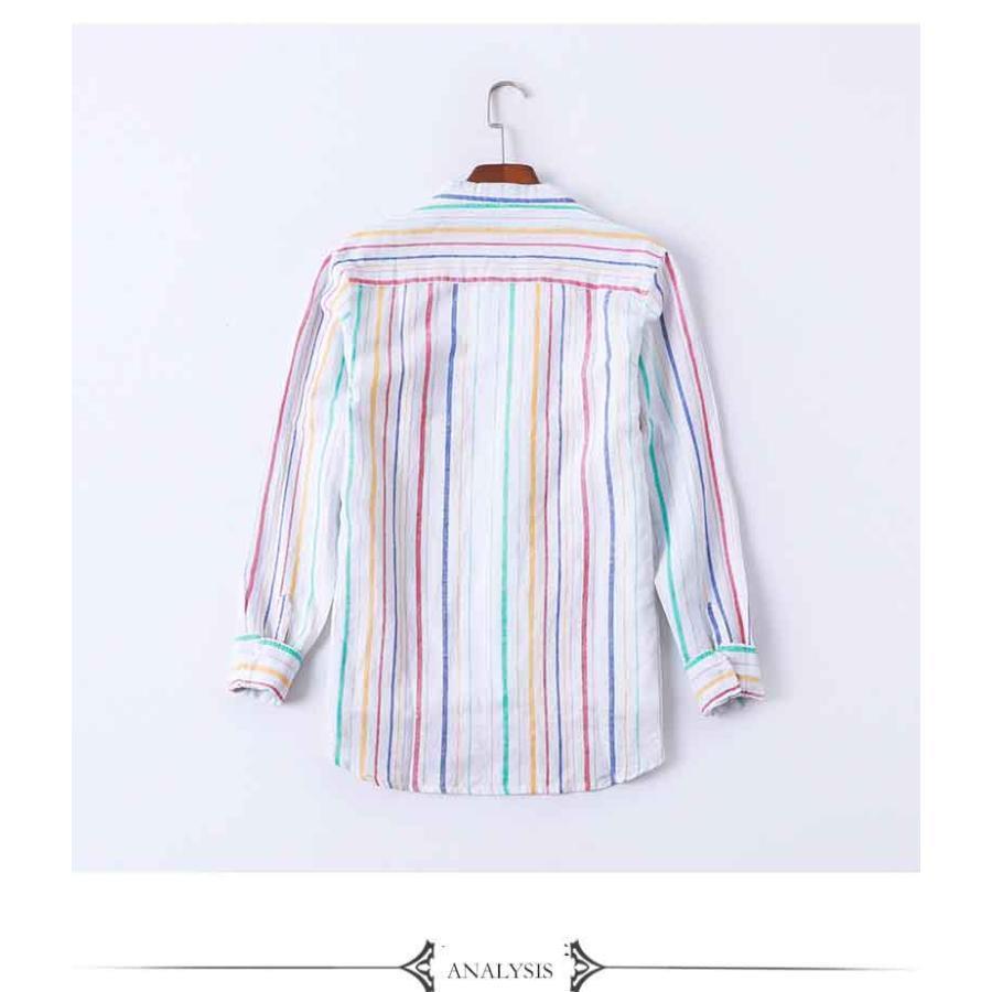 2023 春秋リネンメンズきれいめストライプ長袖シャツ リネンシャツ メンズ  