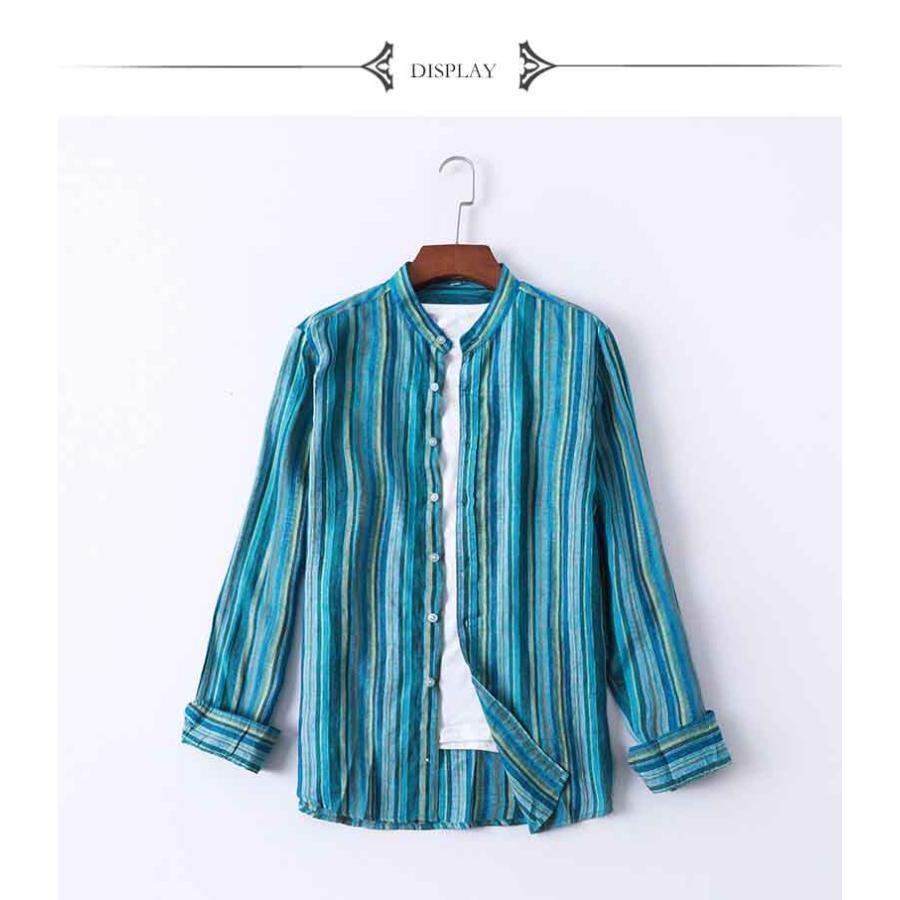 2023 春秋リネンメンズきれいめストライプ長袖シャツ リネンシャツ メンズ  