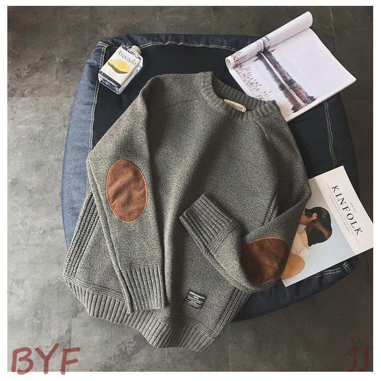 ニットセーター メンズ ニット 秋 トップス 長袖 リブ編み エルボーパッチ 冬服 秋冬 あったか 防寒 冬新作 クルーネック 肘当て付き セーター おしゃれ 
