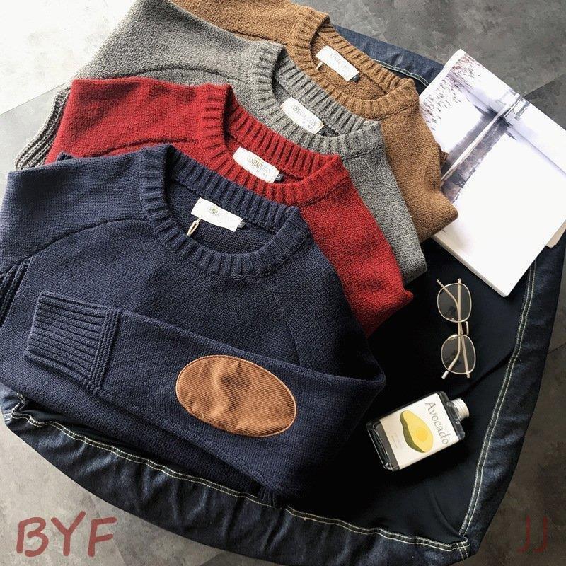 ニットセーター メンズ ニット 秋 トップス 長袖 リブ編み エルボーパッチ 冬服 秋冬 あったか 防寒 冬新作 クルーネック 肘当て付き セーター おしゃれ 