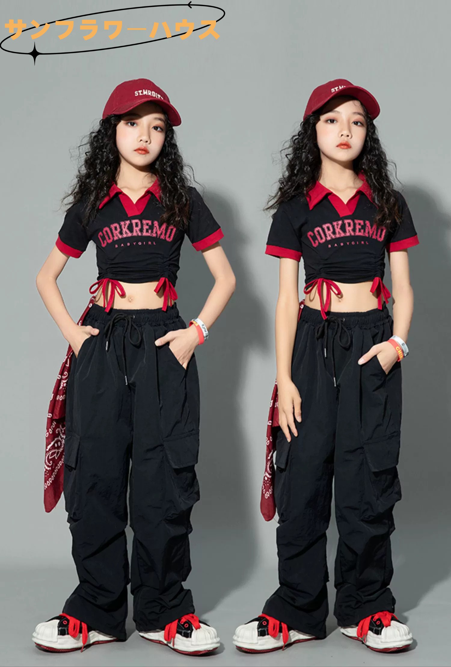 女の子 チアガール カーゴパンツ 黒 キッズダンス衣装 ステージ 肩出し ヒップホップ ヘソ出し トップス タンクトップ 衣装 半袖 夏 ジャズダンス JAZZ 