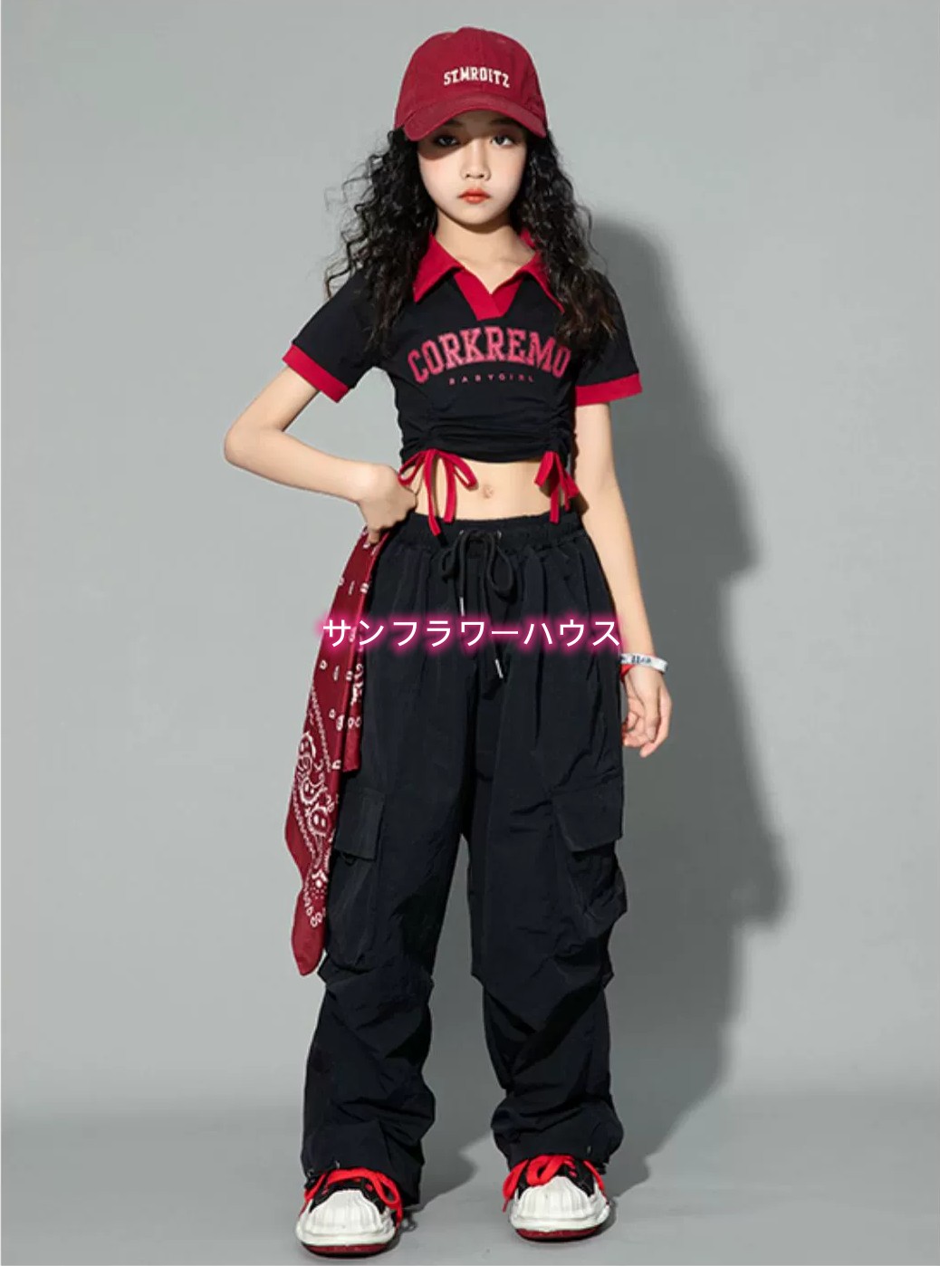 女の子 チアガール カーゴパンツ 黒 キッズダンス衣装 ステージ 肩出し ヒップホップ ヘソ出し トップス タンクトップ 衣装 半袖 夏 ジャズダンス JAZZ 