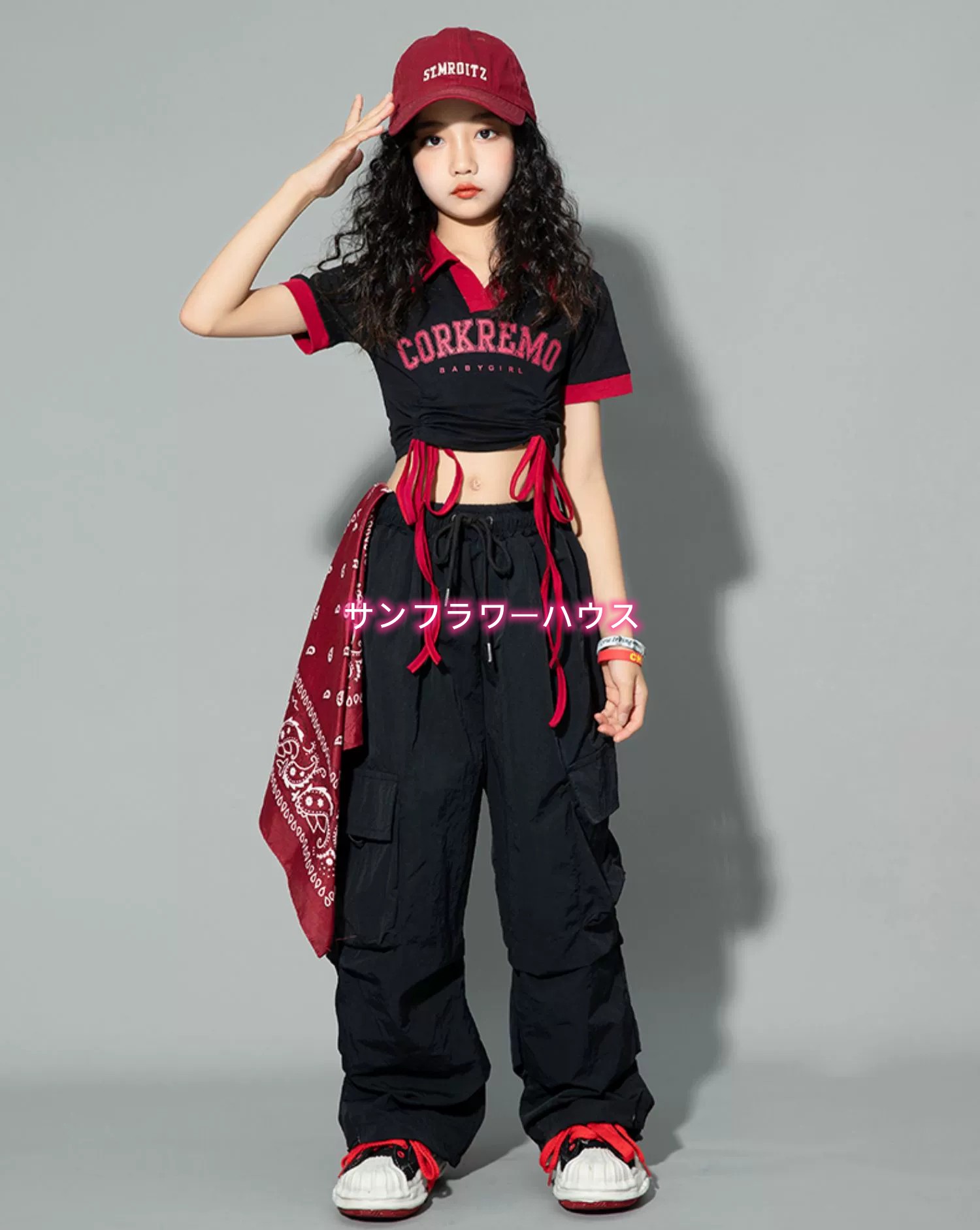 女の子 チアガール カーゴパンツ 黒 キッズダンス衣装 ステージ 肩出し ヒップホップ ヘソ出し トップス タンクトップ 衣装 半袖 夏 ジャズダンス JAZZ 