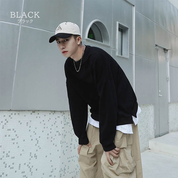 トレーナー メンズ スウェット ビッグシルエット 重ね着風 レイヤード 韓国 ビッグトレーナー 無地 送料無料 