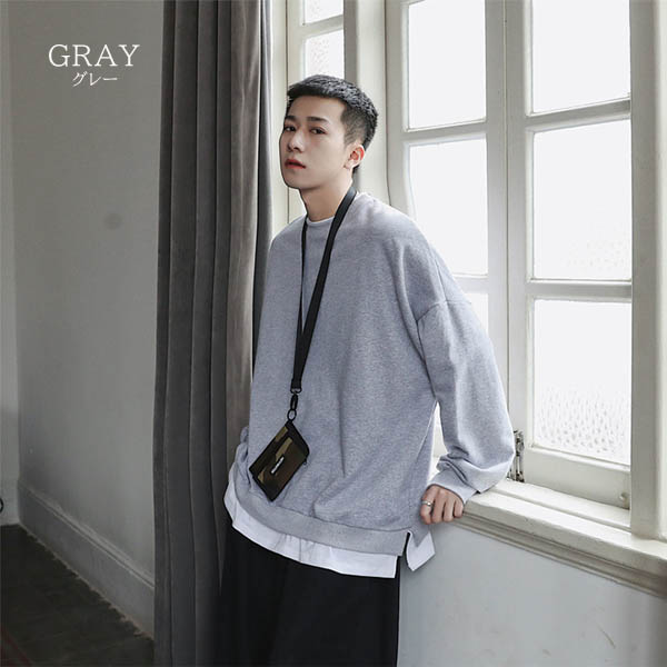 トレーナー メンズ スウェット ビッグシルエット 重ね着風 レイヤード 韓国 ビッグトレーナー 無地 送料無料 