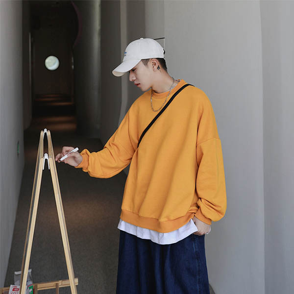 トレーナー メンズ スウェット ビッグシルエット 重ね着風 レイヤード 韓国 ビッグトレーナー 無地 送料無料 