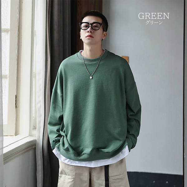 トレーナー メンズ スウェット ビッグシルエット 重ね着風 レイヤード 韓国 ビッグトレーナー 無地 送料無料 