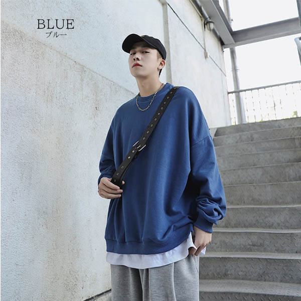トレーナー メンズ スウェット ビッグシルエット 重ね着風 レイヤード 韓国 ビッグトレーナー 無地 送料無料 