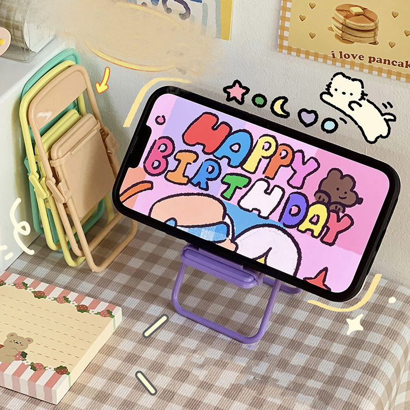 スマホスタンド パイプ椅子型 スマホホルダー 2点セット ミニチュア スマートフォン タブレット 折り畳み パステル軽量 かわいい カラフル 