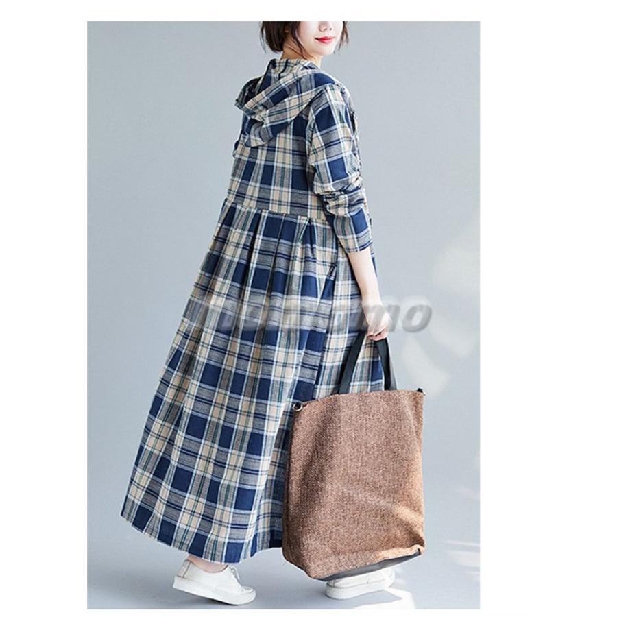 シャツワンピース チェック ワンピース パーカーワンピ フード付き レディース ゆったり 体型カバ ゆったり マキシワンピース 大きいサイズ 長袖 