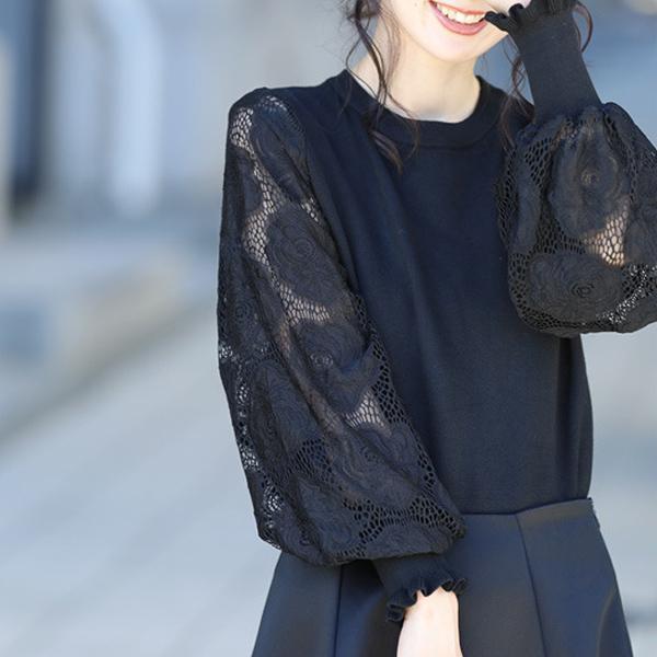 ニット レディース ブラウス 長袖 ス シアー 花柄 ぽわん袖 レース 40代 お呼ばれ ボリューム 30代 上品 
