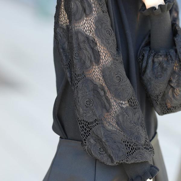 ニット レディース ブラウス 長袖 ス シアー 花柄 ぽわん袖 レース 40代 お呼ばれ ボリューム 30代 上品 