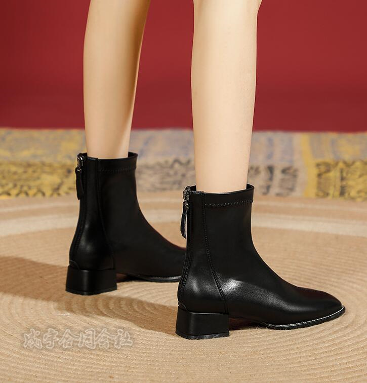 ショートブーツ ローカット レディース ブーツ 太めヒール 歩きやすい 靴 バックジッパー スクエアトゥ 美脚 チャンキーヒール 30代 40代 50代 疲れにくい 