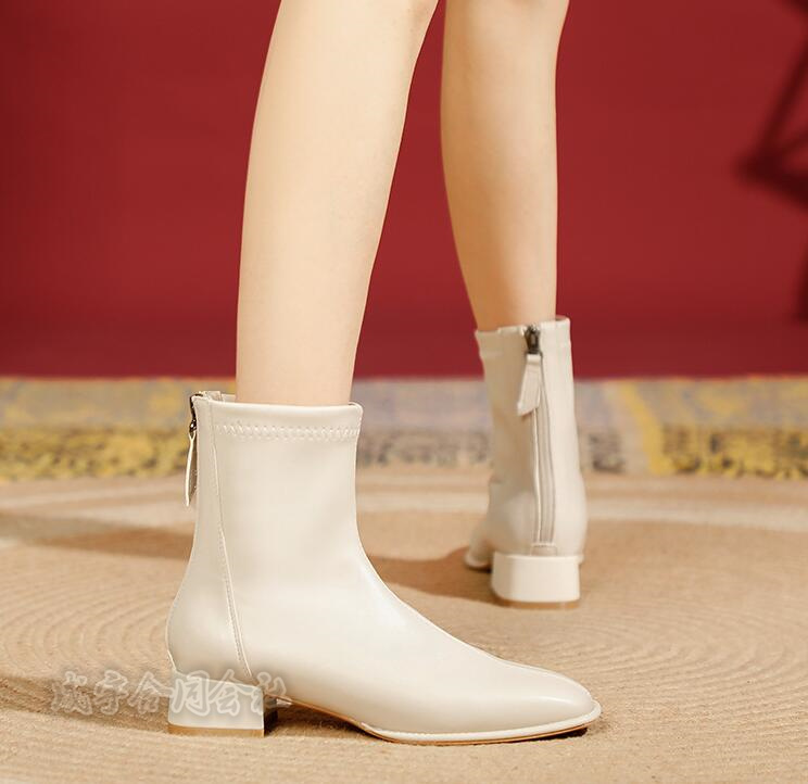 ショートブーツ ローカット レディース ブーツ 太めヒール 歩きやすい 靴 バックジッパー スクエアトゥ 美脚 チャンキーヒール 30代 40代 50代 疲れにくい 