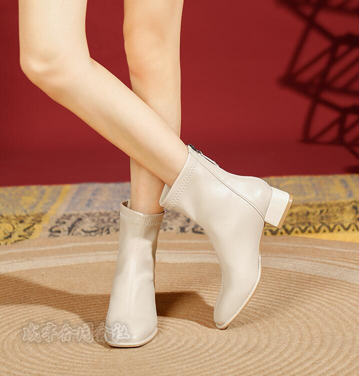 ショートブーツ ローカット レディース ブーツ 太めヒール 歩きやすい 靴 バックジッパー スクエアトゥ 美脚 チャンキーヒール 30代 40代 50代 疲れにくい 