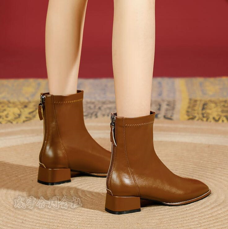 ショートブーツ ローカット レディース ブーツ 太めヒール 歩きやすい 靴 バックジッパー スクエアトゥ 美脚 チャンキーヒール 30代 40代 50代 疲れにくい 