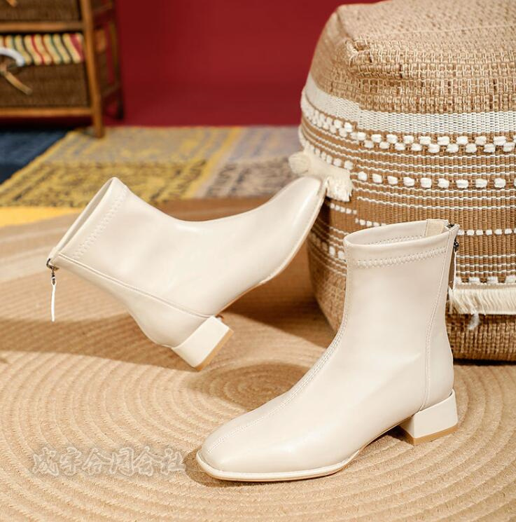 ショートブーツ ローカット レディース ブーツ 太めヒール 歩きやすい 靴 バックジッパー スクエアトゥ 美脚 チャンキーヒール 30代 40代 50代 疲れにくい 