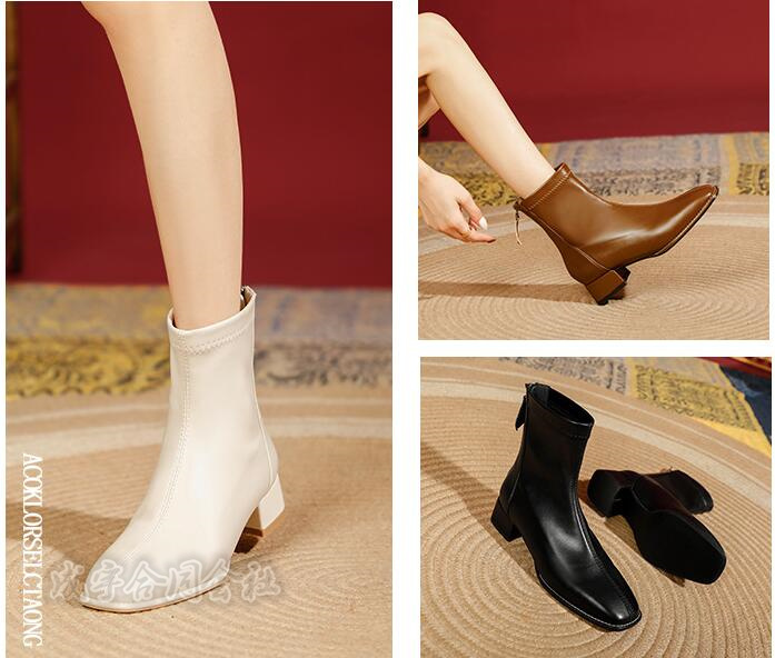 ショートブーツ ローカット レディース ブーツ 太めヒール 歩きやすい 靴 バックジッパー スクエアトゥ 美脚 チャンキーヒール 30代 40代 50代 疲れにくい 