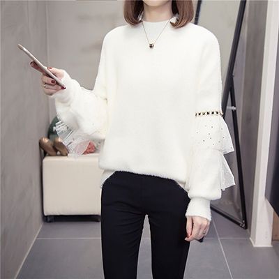 トップス レディース きれいめ カジュアル おしゃれ 袖コンシャス ホワイト ブラッ ニット 長袖 コーデ カシミア混 韓国 袖あり カットソー 大人 可愛い 暖かい 