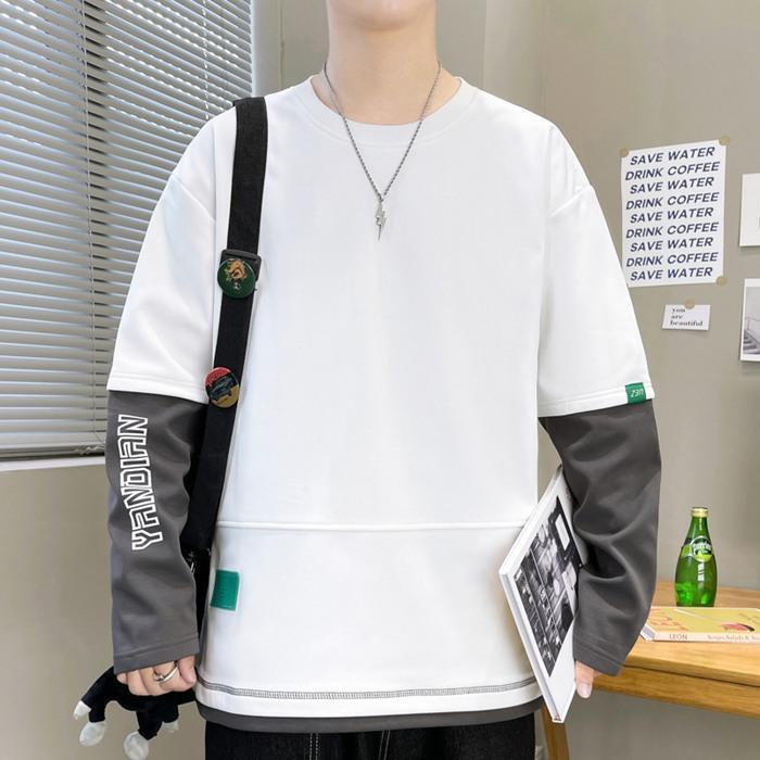 トレーナー レイヤード風Tシャツ 重ね着風 メンズ トップス 切り替え オシャレ スウェット 長袖 プルオーバー クルーネック 