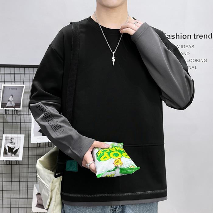 トレーナー レイヤード風Tシャツ 重ね着風 メンズ トップス 切り替え オシャレ スウェット 長袖 プルオーバー クルーネック 
