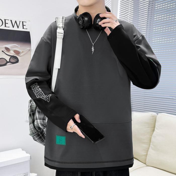 トレーナー レイヤード風Tシャツ 重ね着風 メンズ トップス 切り替え オシャレ スウェット 長袖 プルオーバー クルーネック 