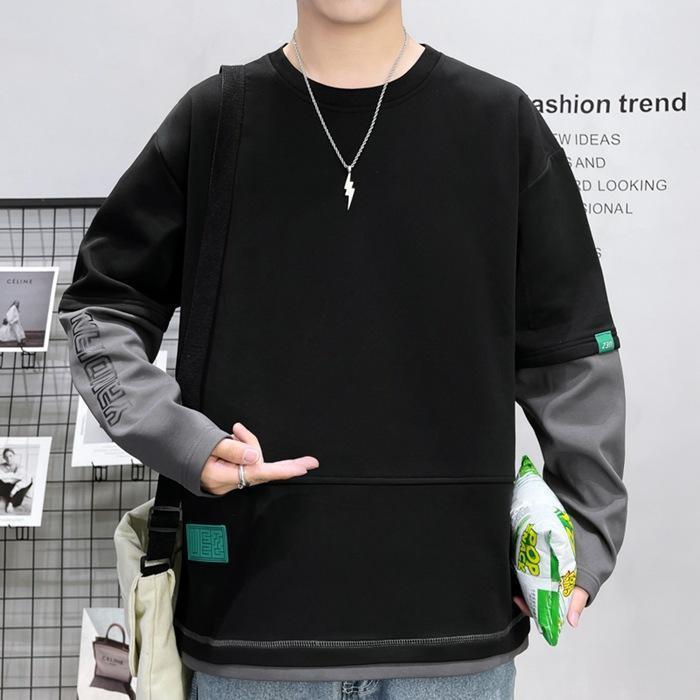 トレーナー レイヤード風Tシャツ 重ね着風 メンズ トップス 切り替え オシャレ スウェット 長袖 プルオーバー クルーネック 