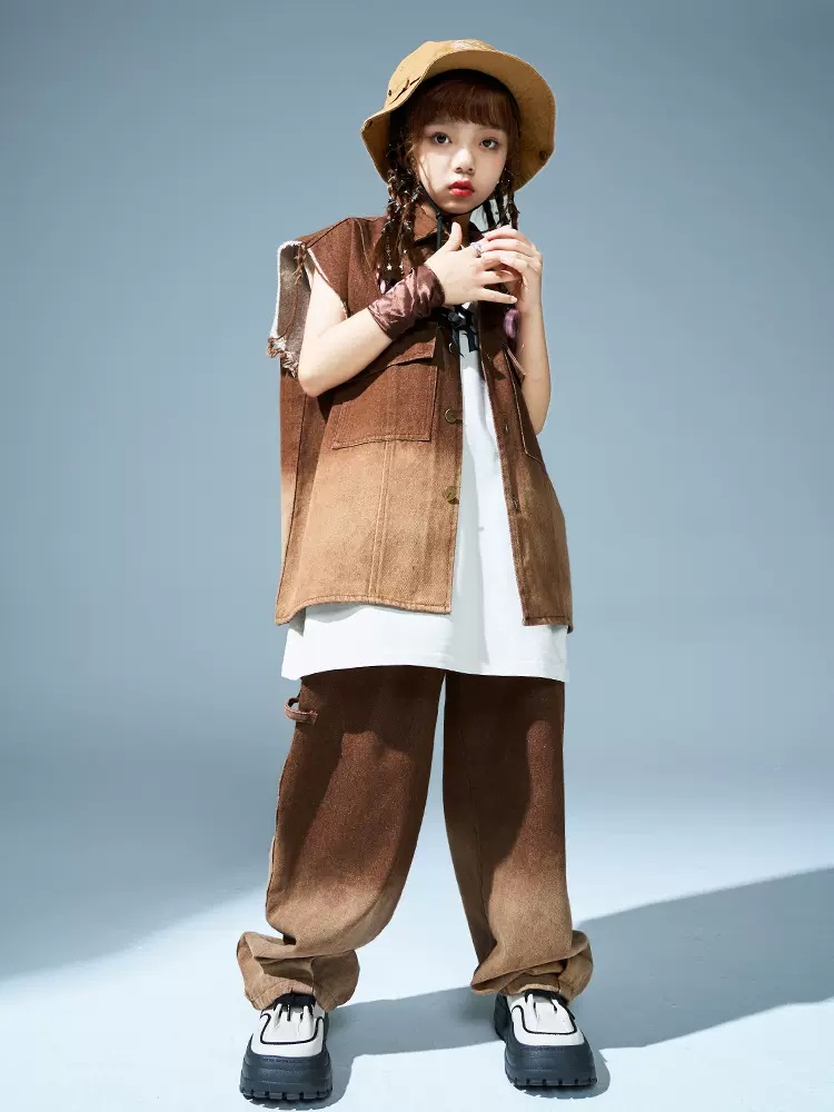 キッズダンス衣装 セットアップ ヒップホップ 衣装 子供ダンス服 ダンスウェア パンツ K-POP 茶色 ベスト グラデーション 韓国 