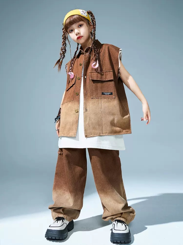 キッズダンス衣装 セットアップ ヒップホップ 衣装 子供ダンス服 ダンスウェア パンツ K-POP 茶色 ベスト グラデーション 韓国 