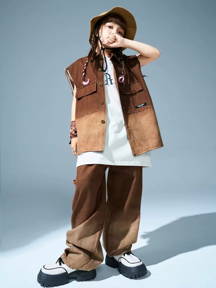キッズダンス衣装 セットアップ ヒップホップ 衣装 子供ダンス服 ダンスウェア パンツ K-POP 茶色 ベスト グラデーション 韓国 