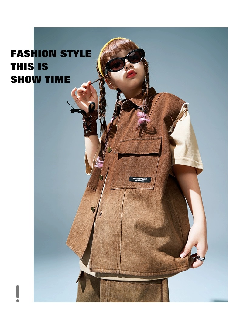 キッズダンス衣装 セットアップ ヒップホップ 衣装 子供ダンス服 ダンスウェア パンツ K-POP 茶色 ベスト グラデーション 韓国 