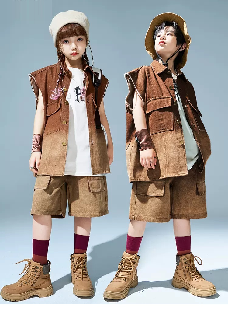 キッズダンス衣装 セットアップ ヒップホップ 衣装 子供ダンス服 ダンスウェア パンツ K-POP 茶色 ベスト グラデーション 韓国 