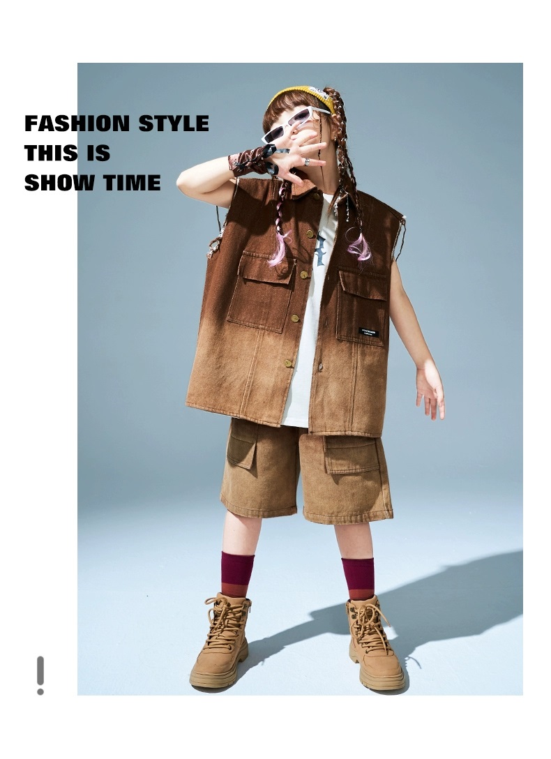 キッズダンス衣装 セットアップ ヒップホップ 衣装 子供ダンス服 ダンスウェア パンツ K-POP 茶色 ベスト グラデーション 韓国 